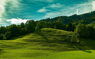Картинка природа, пейзаж, зелень, холмы, деревья, небо, облака
