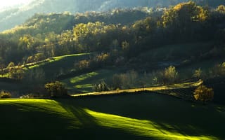 Картинка пейзаж, природа, горы, осень, зелень, свет, тени