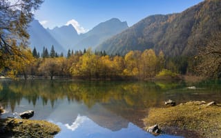 Картинка природа, озеро, горы, осень, пейзаж, отражение, деревья, мирный