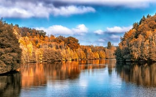 Картинка осень, природа, река, пейзаж, деревья, отражение, небо