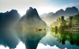 Картинка природа, горы, озеро, отражение, пейзаж, спокойствие, утро