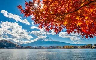 Картинка Фудзияма, осень, природа, озеро, японский пейзаж, красные листья, горы, небо, облака, солнце