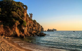 Картинка море, пейзаж, закат, пляж, скалы, природа, отдых