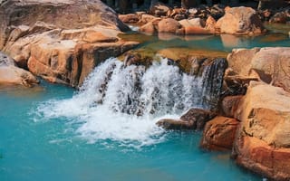 Картинка водопад, природа, камни, вода, пейзаж, отдых, синий