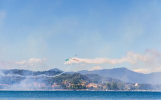 Картинка самолеты, полет, небо, озеро, пейзаж, выступление, день