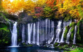 Картинка водопад, природа, осень, пейзаж, деревья, вода, солнце, красота, отдых, мир