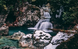 Картинка водопад, природа, река, камни, лес, зима, пейзаж