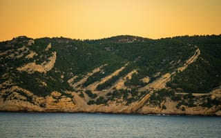 Картинка пейзаж, горы, море, природа, закат, скалы, зелень