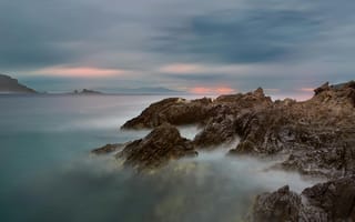 Картинка море, скалы, пейзаж, закат, природа, океан, горы