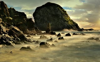 Картинка море, скалы, природа, пейзаж, закат, водопад, туман