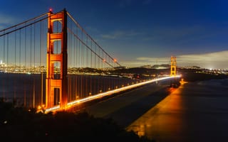 Картинка мост, золотые ворота, ночной пейзаж, город, освещение, архитектура, Калифорния, свет, река, туризм