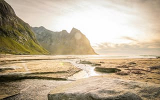 Картинка пейзаж, гора, пляж, природа, закат, камни, море