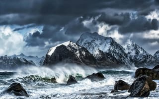 Картинка море, горы, пейзаж, природа, шторм, облака, водопад