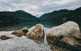 Картинка озеро, горы, камни, природа, пейзаж, небо, отражение