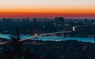 Картинка город, мост, закат, пейзаж, ночь, архитектура, огни
