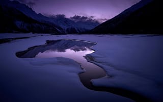 Картинка природа, горы, озеро, зима, пейзаж, снег, закат