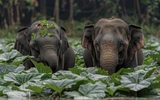 Картинка слоны, природа, животные, водоем, листья, тропики, фауна