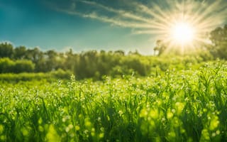 Картинка природа, солнце, трава, пейзаж, лето, зелень, цветы