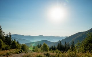 Картинка природа, горы, солнце, пейзаж, лес, небо, отдых