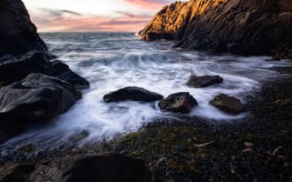 Картинка море, скалы, пейзаж, природа, закат, волны, пляж