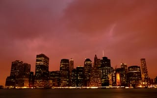 Картинка город, небо, закат, архитектура, огни, пейзаж, силиуэт