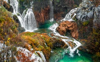 Картинка водопад, природа, пейзаж, река, лес, осень, горы