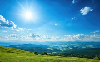 Картинка пейзаж, небо, солнце, горы, трава, облака, природа, лето, свет, отдых