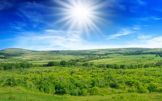 Картинка природа, пейзаж, солнце, небо, зелень, горы, лето