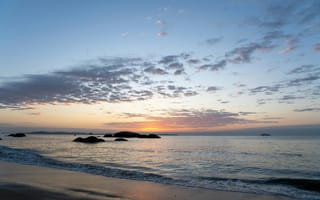 Картинка закат, море, пейзаж, пляж, облака, природа, спокойствие