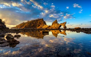 Картинка пейзаж, море, скалы, отражение, небо, природа, закат