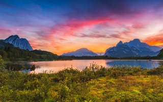 Картинка пейзаж, горы, озеро, закат, природа, небо, отражение