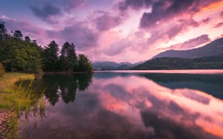 Картинка озеро, природа, горы, закат, отражение, пейзаж, деревья