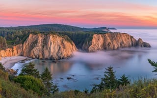 Картинка пейзаж, море, скалы, закат, природа, океан, лес