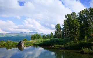 Картинка природа, озеро, горы, деревья, пейзаж, небо, отражение