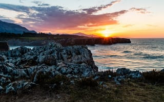 Картинка закат, море, скалы, природа, пейзаж, горы, небо