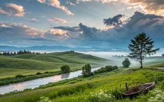 Картинка пейзаж, природа, река, горы, облака, дерево, трава, мгла, лето, спокойствие