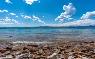 Картинка море, небо, облака, камни, пейзаж, вода, лето, природа