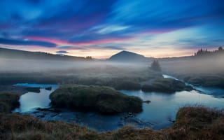 Картинка природа, пейзаж, река, горы, закат, туман, небо, отражение