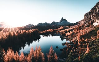 Картинка природа, горы, озеро, закат, осень, пейзаж, лес