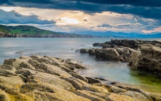 Картинка море, скалы, пейзаж, закат, природа, водоем, облака