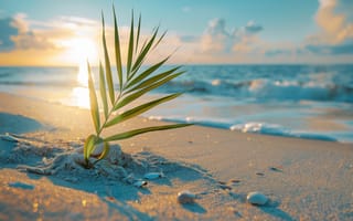 Картинка пляж, растение, закат, море, песок, природа, отдых