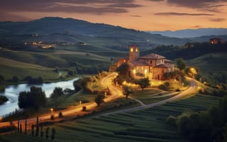 Картинка пейзаж, закат, итальянская деревня, природа, река, архитектура, свет, холмы, дорога, спокойствие