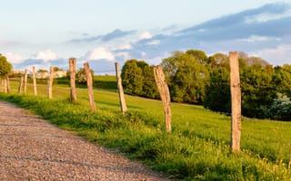 Картинка пейзаж, природа, забор, трава, дорога, деревья, небо