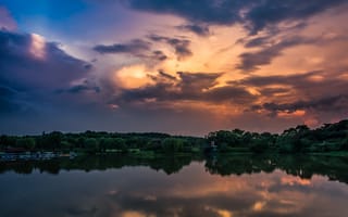 Картинка закат, озеро, природа, облака, отражение, пейзаж, спокойствие