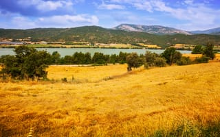 Картинка пейзаж, природа, река, горы, лето, зелень, поле
