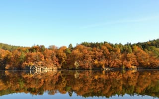 Картинка осень, природа, озеро, деревья, отражение, пейзаж, синий небосвод