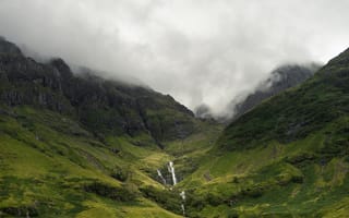 Картинка горы, водопад, природа, пейзаж, облака, зелень, скалы