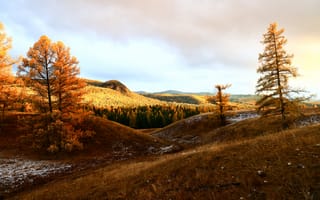 Картинка природа, осень, пейзаж, деревья, горы, закат, ландшафт
