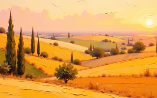 Картинка пейзаж, закат, природа, холмы, деревья, лето, солнце