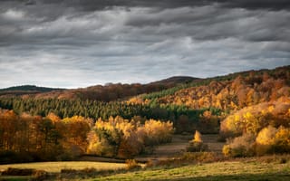 Картинка осень, пейзаж, природа, деревья, горы, небо, цвета